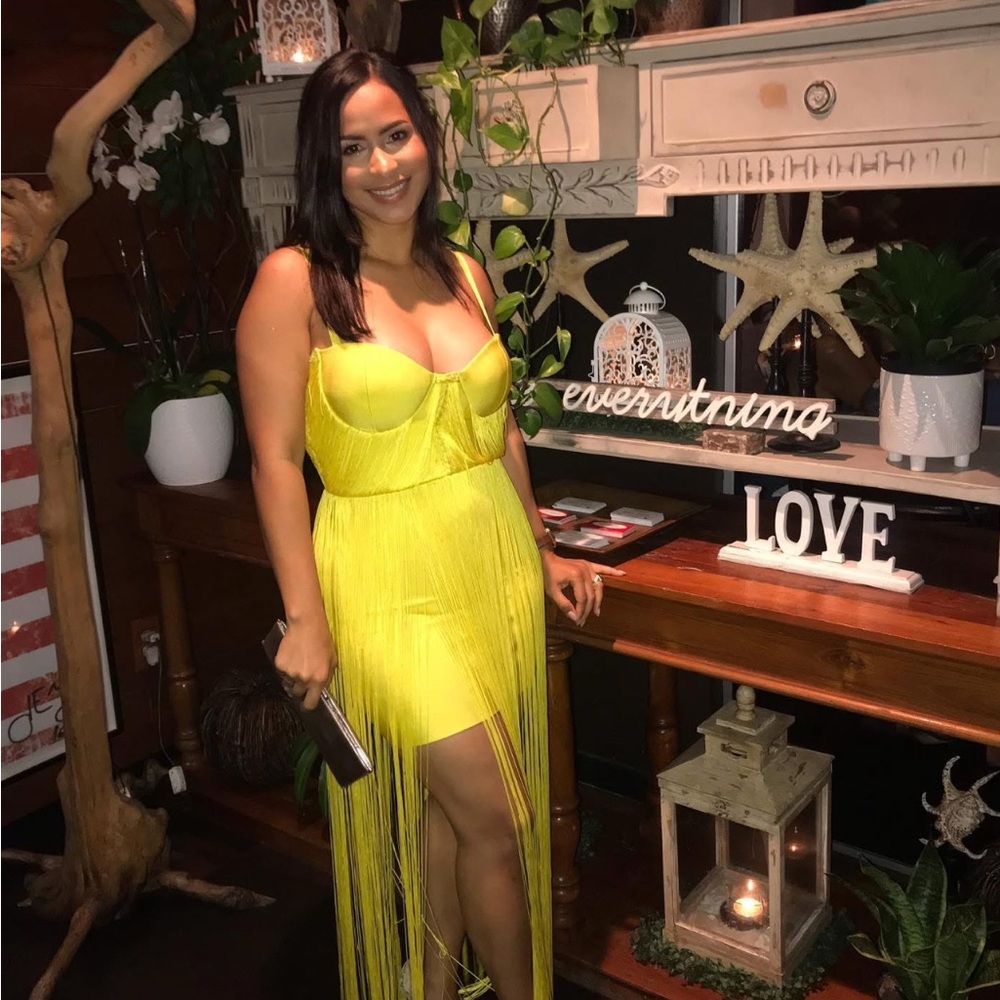 Yellow Fringe Mini Dress with Sweetheart Bodice